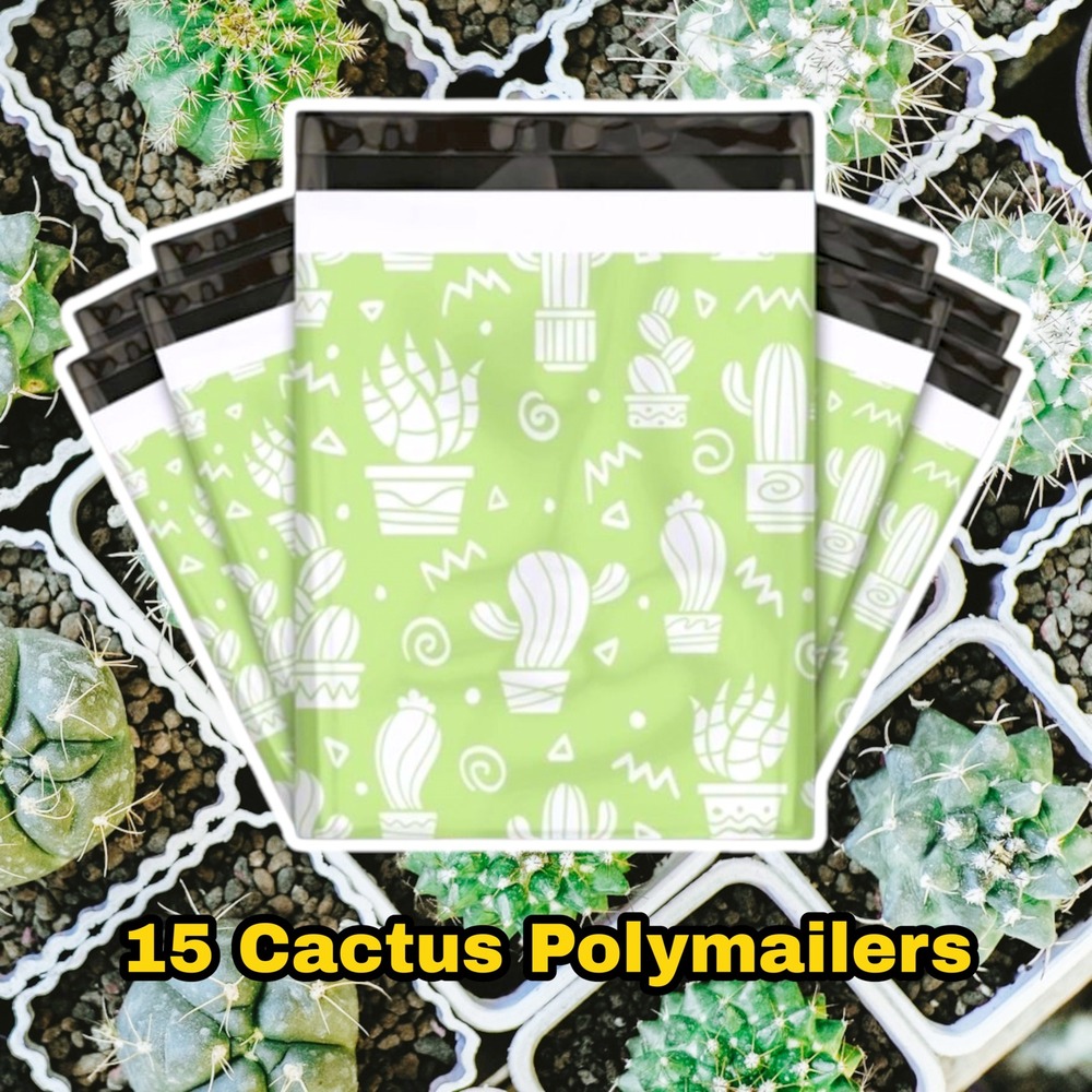 Unbranded 15 Pack Cactus Print 12x15 Poly Mailers Green 12x15in